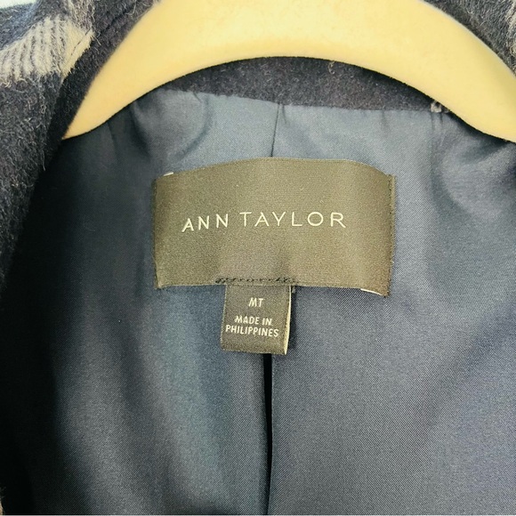 Ann Taylor Sz Medium Tall MT Window Pane Navy Blue Plaid Wrap Wool Long Coat - Picture 7 of 8